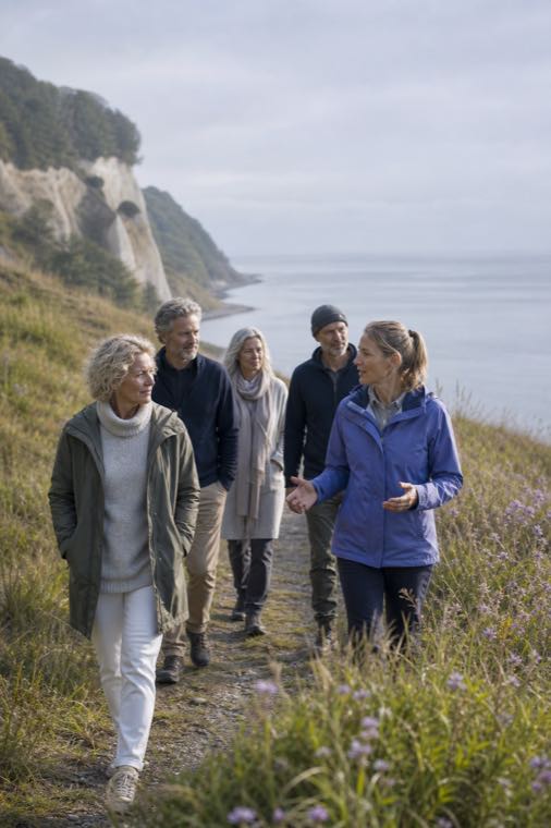 Stimmungsbild: eine Gruppe wandert auf einem Küstenweg